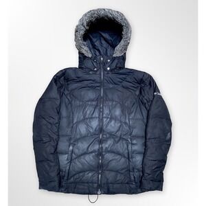 Columbia Womens Down Puffer Jacket Faux Fur Hood Black Size Large Winter Coat